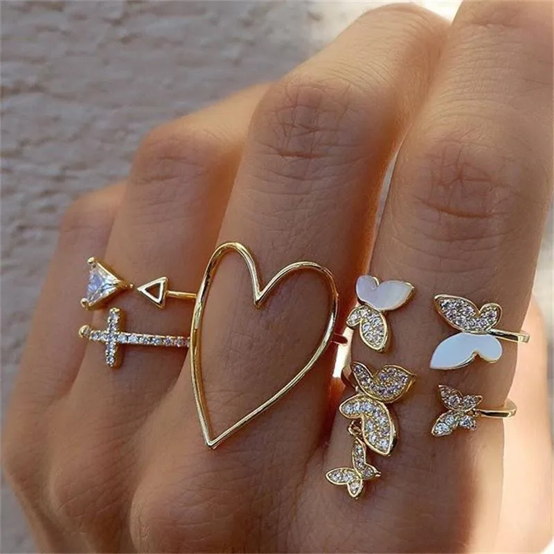 Silver Color Crystal Rings Set for Women, Cubic Zirconia Moon Arrow Flower Heart Finger Wedding Rings 6