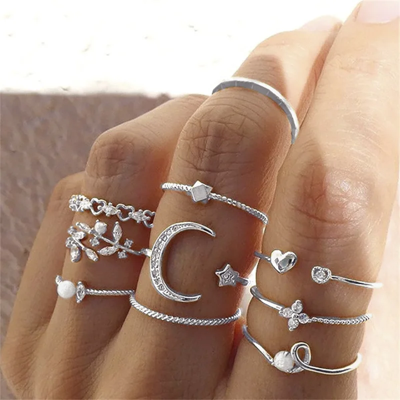 Silver Color Crystal Rings Set for Women, Cubic Zirconia Moon Arrow Flower Heart Finger Wedding Rings 3